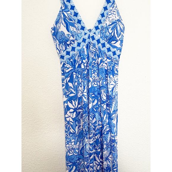 Lilly Pulitzer Serena V-Neck Maxi Dress Blue Tang Flocking Fabulous Size 6 - Picture 9 of 14